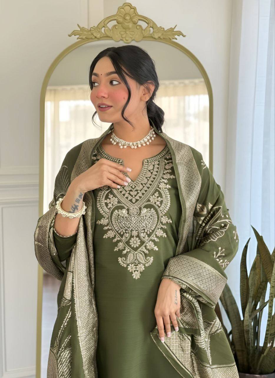 Elegant Teal & Olive Embroidered Women’s Suit Set with Printed Dupatta