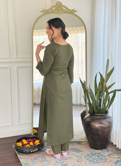 Elegant Teal & Olive Embroidered Women’s Suit Set with Printed Dupatta