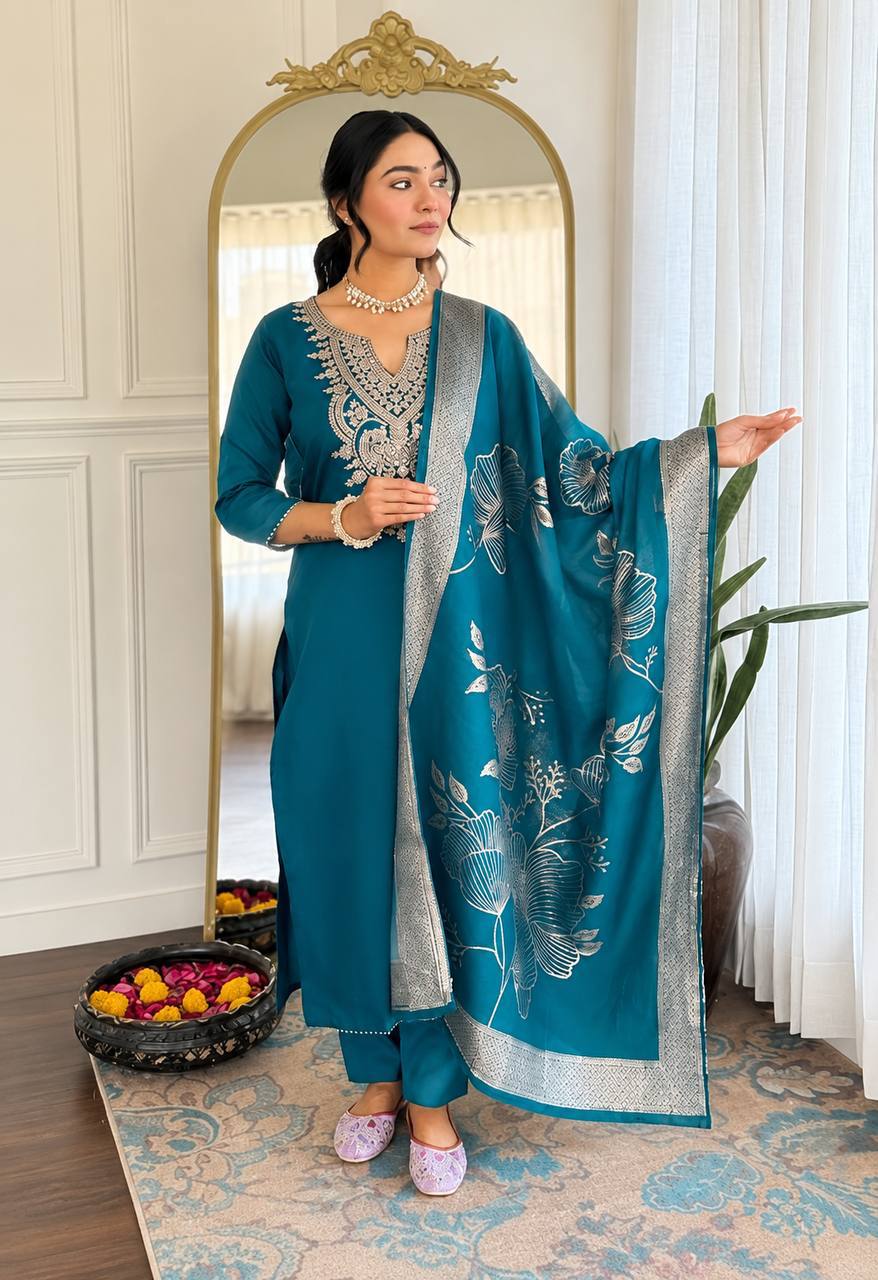Elegant Teal & Olive Embroidered Women’s Suit Set with Printed Dupatta