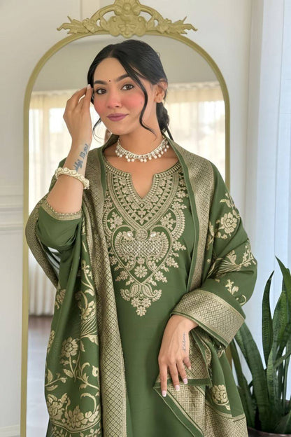Elegant Teal & Olive Embroidered Women’s Suit Set with Printed Dupatta