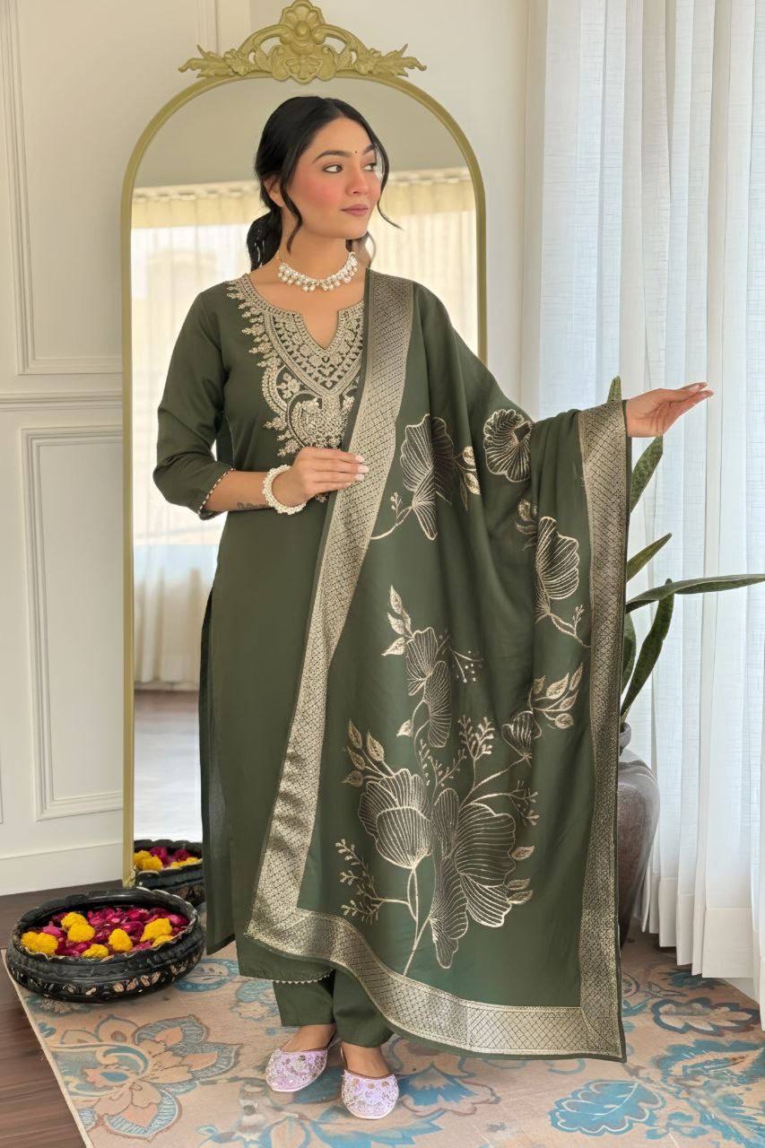 Elegant Teal & Olive Embroidered Women’s Suit Set with Printed Dupatta