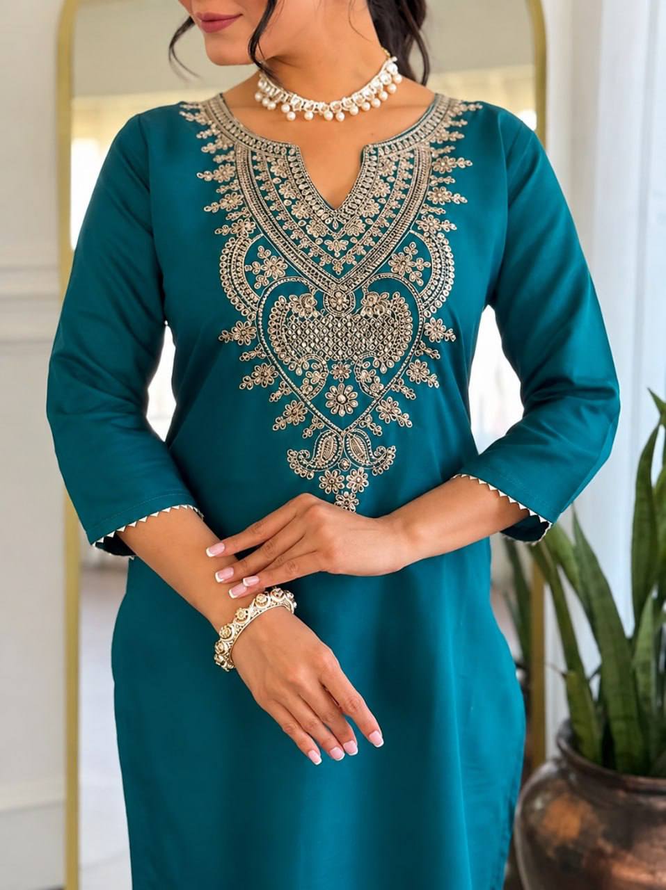 Elegant Teal & Olive Embroidered Women’s Suit Set with Printed Dupatta