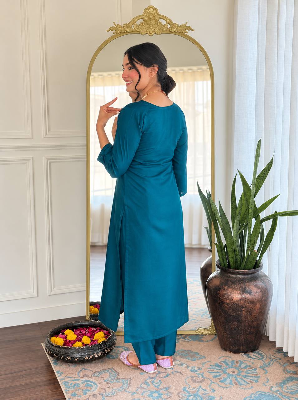 Elegant Teal & Olive Embroidered Women’s Suit Set with Printed Dupatta