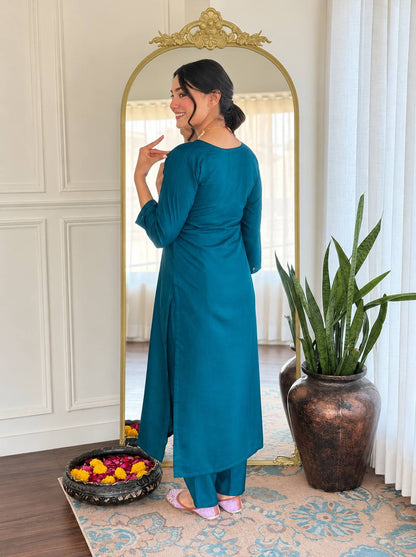 Elegant Teal & Olive Embroidered Women’s Suit Set with Printed Dupatta