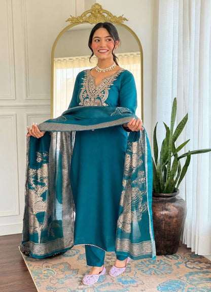 Elegant Teal & Olive Embroidered Women’s Suit Set with Printed Dupatta