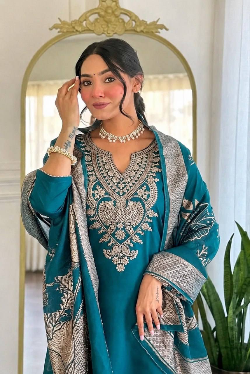 Elegant Teal & Olive Embroidered Women’s Suit Set with Printed Dupatta