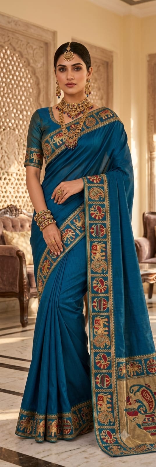 Royal Blue Handloom Saree with Traditional Embroidered Border