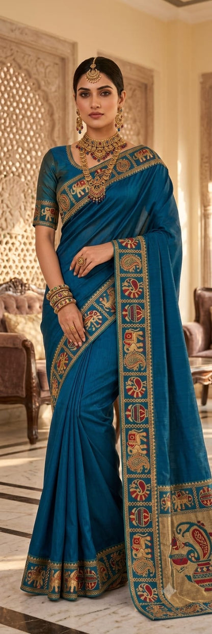 Royal Blue Handloom Saree with Traditional Embroidered Border