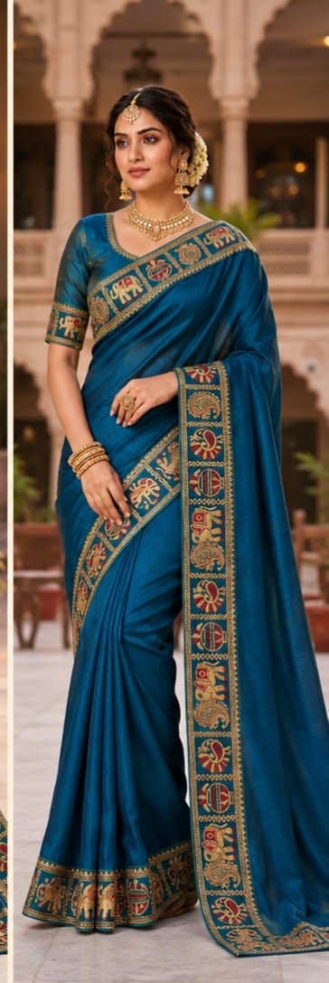 Royal Blue Handloom Saree with Traditional Embroidered Border