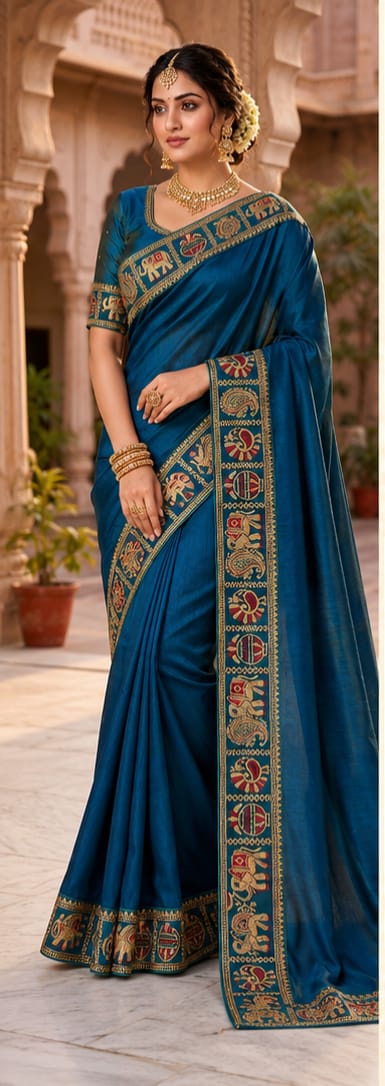 Royal Blue Handloom Saree with Traditional Embroidered Border