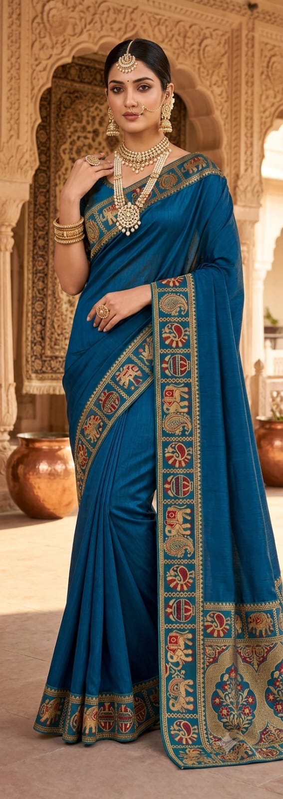 Royal Blue Handloom Saree with Traditional Embroidered Border